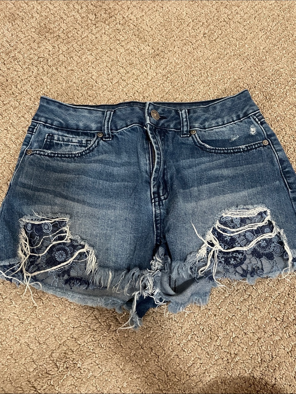 Rewash Dark Blue Distressed Lace-Panel Jean Shorts